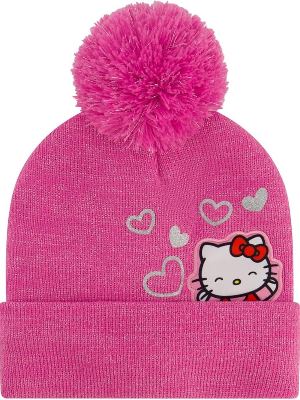 Sanrio Hello Kitty Hot Pink Pom Beanie with Silver Heart Accents